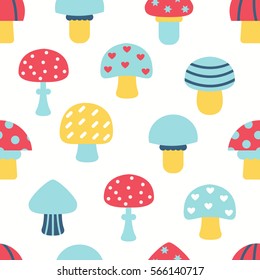 Bright different types of mushrooms set. Card in cartoon style o