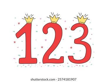 Bright digit, number 1, 2, 3 in crown. Drawing, doodle. Cartoon number. Design of greeting children's card. Holiday, birthday. Vector icon, illustration, white isolated background.