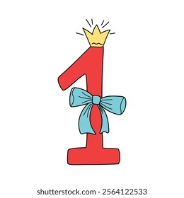 Bright digit, number 1 in crown. Drawing, doodle. Cartoon number. Design of greeting children's card. Holiday, birthday. Vector icon, illustration, white isolated background.