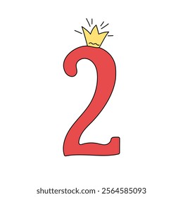 Bright digit, number 2 in crown. Drawing, doodle. Cartoon number. Design of greeting children's card. Holiday, birthday. Vector icon, illustration, white isolated background.