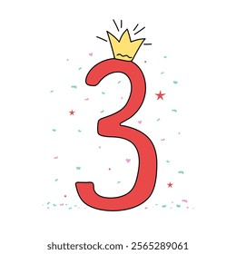 Bright digit, number 3 in crown. Drawing, doodle. Cartoon number. Design of greeting children's card. Holiday, birthday. Vector icon, illustration, white isolated background.