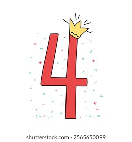 Bright digit, number 4 in crown. Drawing, doodle. Cartoon number, confetti. Design of greeting children's card. Holiday, birthday. Vector icon, illustration, white isolated background.