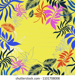 Bright digital branches and leaves of tropical plants.Decorative background with space for text. Foliage frame