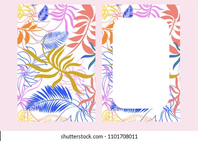 Bright digital branches and leaves of tropical plants.Decorative background with space for text. Foliage frame card