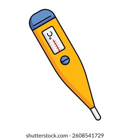 Bright digital thermometer with Celsius scale in flat style, symbolizing temperature check and health monitoring. Vector illustration format, perfect for health apps, posters, and medical designs.