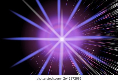 Bright digital vector illustration, featuring a neon pink central star with blue radial streaks on a black background. Uses popular vivid sci-fi and cyberpunk color trends, with sharp bursting lines.