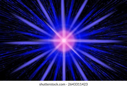 Bright digital vector illustration, featuring a neon pink central star with blue radial streaks on a black background. Uses popular vivid sci-fi and cyberpunk color trends, with sharp bursting lines.