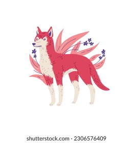 Bright dingo dog Australian animal flat style, vector illustration isolated on white background. Decorative design element, predatory animal character, leaves and flowers