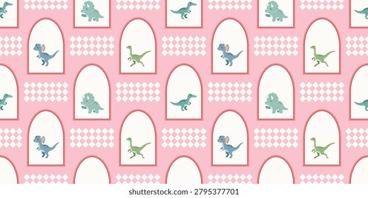 Bright dinosaur design featuring green blue and gray dinosaurs within white oval frames on a pink backdrop for playful and vibrant themes