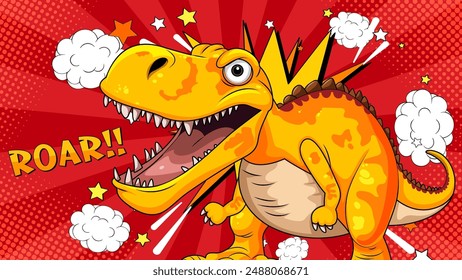 Bright dinosaur roaring with comic-style effects