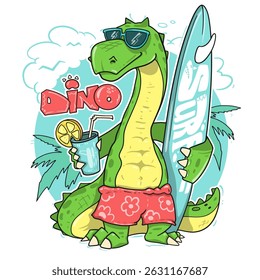 Bright dinosaur surfing print with drink and summer beach vibes for t shirt designs