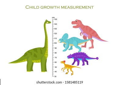 Bright dinosaurs. Scale for measuring the height of the child in centimeters. Vector illustration.