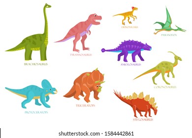 Bright dinosaurs, set. Predators and herbivores. Vector illustration in flat style.