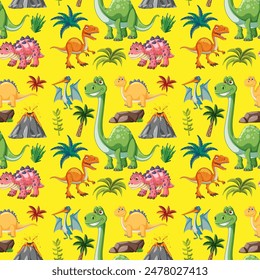 Bright dinosaurs with volcanoes and palm trees