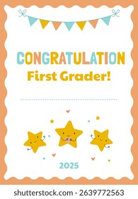 Bright diploma with congratulations for the first grader with funny stars and garland with flags