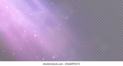 Bright directional vertical sunlight with glare. Purple flash of sun glare glow. Sun rays. Glare from the sun, dawn, light effect.