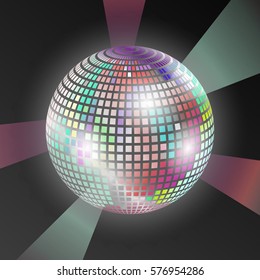 Bright disco ball (mirror ball) is lit on a black background
