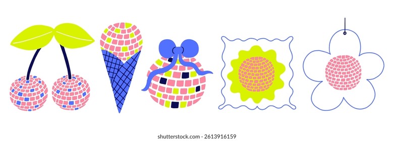 Bright Disco ball party set. Mirror music dance ball. Vector illustration