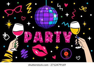 Bright disco party composition with wine glasses, disco ball, lips, stars, glasses, sparkles and fun neon club elements on dark background for festive nightlife celebration themes. Vector illustration