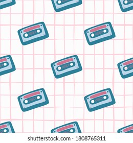 Bright disco seamless pattern with cassette ornament. White background with pink check. Decorative backdrop for wallpaper, textile, wrapping paper, fabric print. Vector illustration.