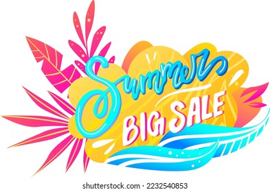 Bright discount banner, summer sale lettering on poster, product promotion, design cartoon vector illustration, isolated on white.