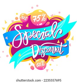 Bright discount banner, summer sale lettering on poster, product promotion, design cartoon vector illustration, isolated on white.