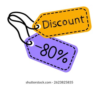 Bright discount tags showcasing an 80 percent off sale on products in a retail setting