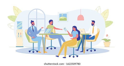 Bright Discussion Preparation Document in Company. Department in Company's Business is Discussing Candidates for New Job in their Team. They Sitting at Large Comfortable Table, Cartoon Illustration.
