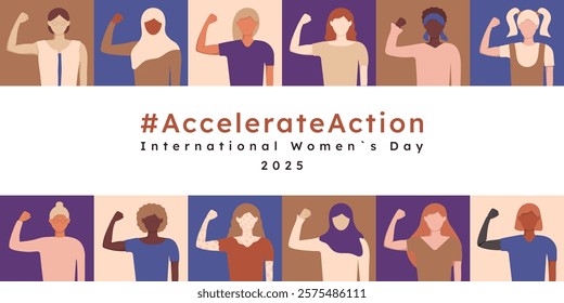 Bright diversity women banner template AccelerateAction. Geometric trendy square illustration. IWD 2025. Woman different ethnicities show hand strength pose like solidarity rights and gender equality.