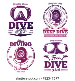 Bright diving school or dive club emblem set design. Vector illustration