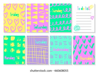 Bright to do card for organized.  Vector weekly planner for your notes. Easy editable template for  invitation, cards, scrap, notes. Days of the week. Pretty candy colors.