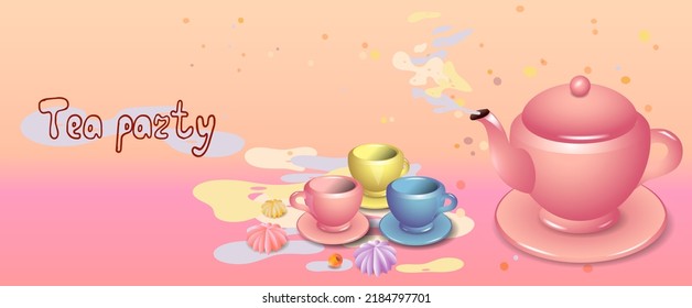 Bright doll cups and teapot. Tea party design template