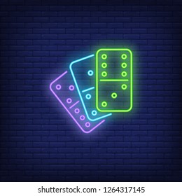 Bright dominoes tiles neon sign. Board game and recreation design element. Night bright neon sign, colorful billboard, light banner. Vector illustration in neon style.