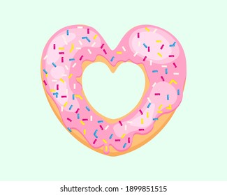 Bright donut in the shape of a heart. Vector donut with sugar sprinkles. Pink donut