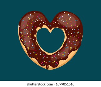 Bright donut in the shape of a heart. Vector donut with sugar sprinkles. Chocolate donut