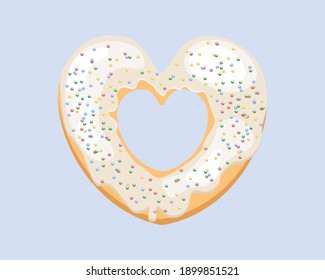 Bright donut in the shape of a heart. Vector donut with sugar sprinkles. White donut