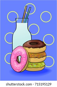 Bright donuts of different tastes with milk