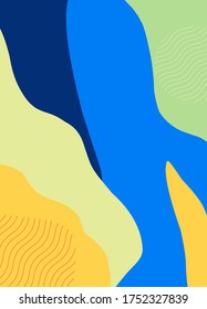 Bright doodle abstract background with wavy pattern. Simple blue, orange, green, yellow shapes of Memphis style. Suitable for cover, banner.