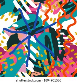 Bright Doodle Artistic Vector Seamless Pattern. Textures Artwork Illustration. Pink and Yellow Paint Texture. Floral Shape Background.