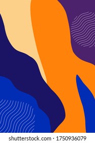Bright doodle background with wavy pattern. Simple blue, orange, purple, yellow Memphis style shapes. Suitable for brochure, poster, cover.