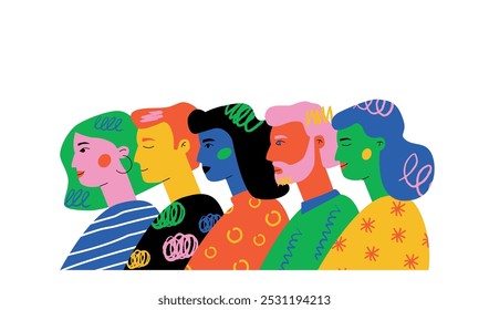 A bright doodle of a crowd of different people in profile, hand-drawn illustration with scribbles.