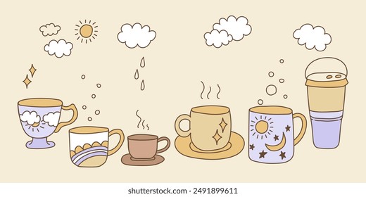 Bright doodle cups clip art. Coffee and tea mugs in scandinavian style. Cute colorful porcelain vector illustration.