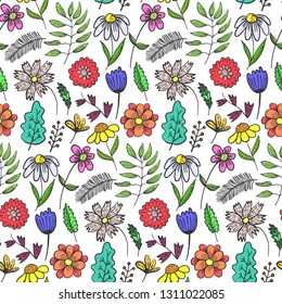 Bright doodle floral seamless pattern with colorful flowers and leaves on white background. Childish naive texture with outline blossoms and herbs for textile, wrapping paper, surface, wallpaper