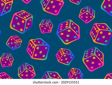 Bright doodle game seamless pattern with repeated iridescent cubes for board plain. Perfect for decor of kids playroom, textiles, weekend, packaging. Stay home, hobby time.