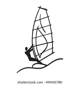 Bright Doodle Illustration of Windsurfer on Windsurfing board with Sail and Big Wave. Hand Drawn Sport Image Isolated on White Background. Vector Icon. Logo Template