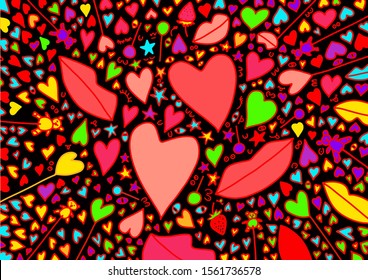 Bright doodle love background. Light red vector cover with shining hearts,kisses,teddy bears. Abstract illustration with colorful hearts in romantic style. Beautiful design business advert wedding.