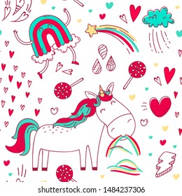Bright doodle pattern with kawaii unicorn, rainbow, hearts and other elements.