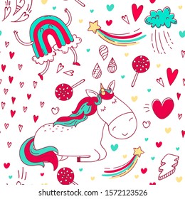 Bright doodle pattern with kawaii unicorn, rainbow, hearts and other elements. Pattern is suitable for textiles, wrapping paper and so on.