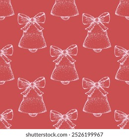 Patrón de doodle brillante con campanas de Navidades rosas sobre un fondo rojo. Fondo sin fisuras dibujado a mano festivo con campanas decorativas 