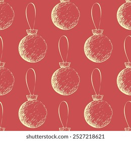 Bright doodle pattern with yellow-golden Christmas balls on a red background. Festive hand-drawn seamless background with New Year decorations